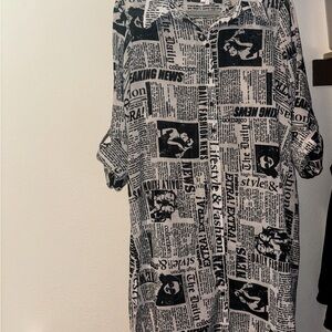 Black and White Fashion Newspaper Print Button Down Shirt Dress